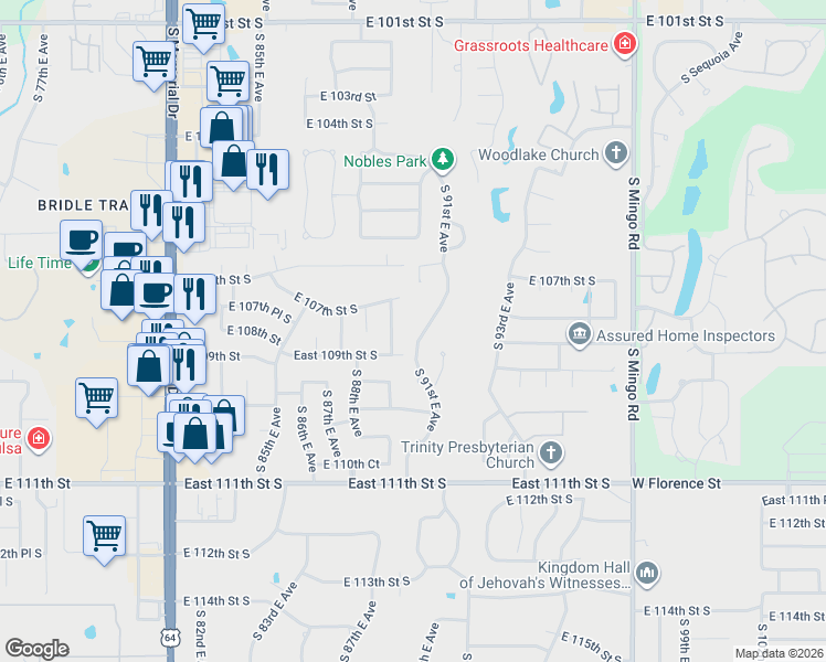 map of restaurants, bars, coffee shops, grocery stores, and more near 10902 South 91st East AVE in Tulsa