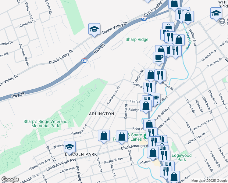 map of restaurants, bars, coffee shops, grocery stores, and more near 1121 Forsythe Street in Knoxville