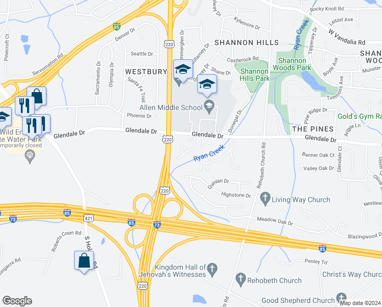 map of restaurants, bars, coffee shops, grocery stores, and more near 1179 Glendale Drive in Greensboro