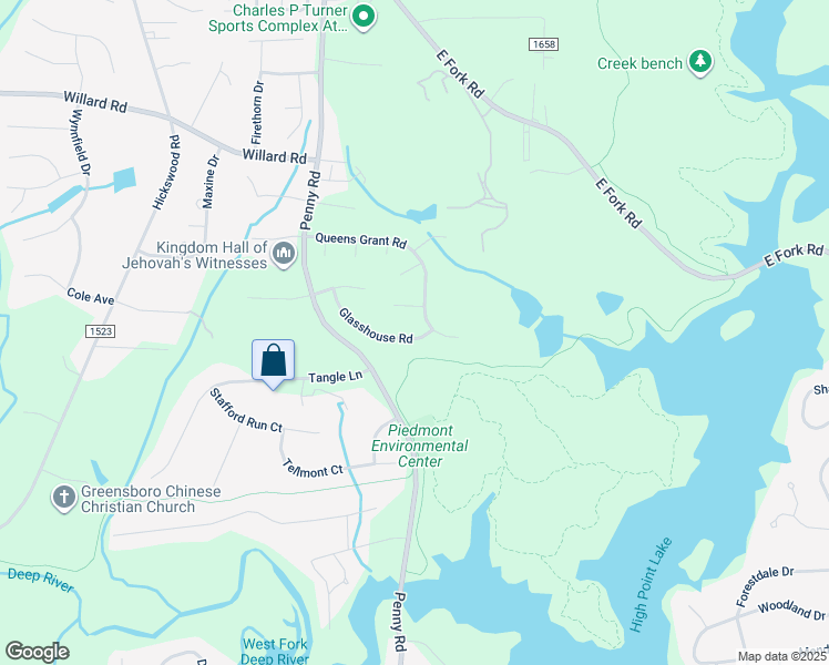 map of restaurants, bars, coffee shops, grocery stores, and more near 2604 Glasshouse Road in Jamestown