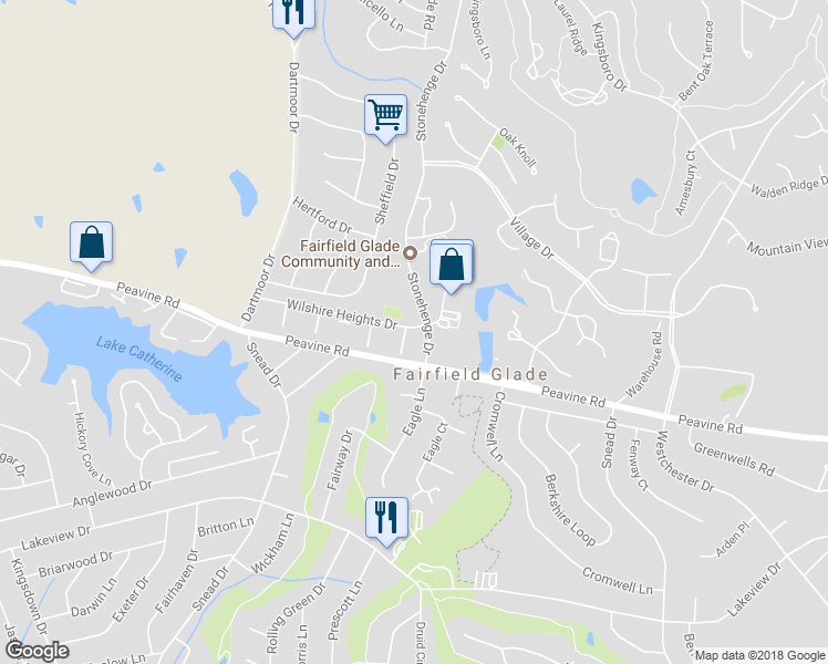 map of restaurants, bars, coffee shops, grocery stores, and more near 55 Wilshire Heights Drive in Crossville