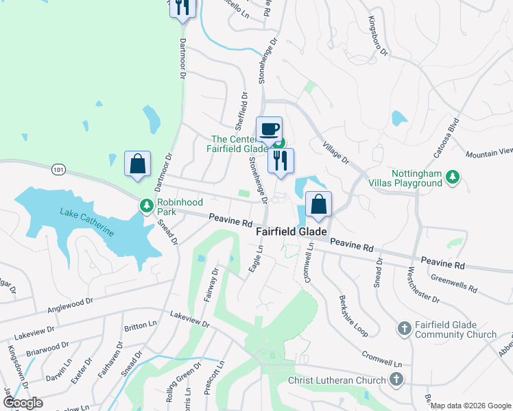 map of restaurants, bars, coffee shops, grocery stores, and more near 21 Wilshire Heights Drive in Crossville
