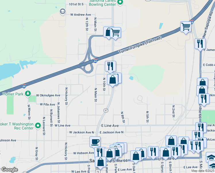map of restaurants, bars, coffee shops, grocery stores, and more near 725 North 10th Street in Sapulpa