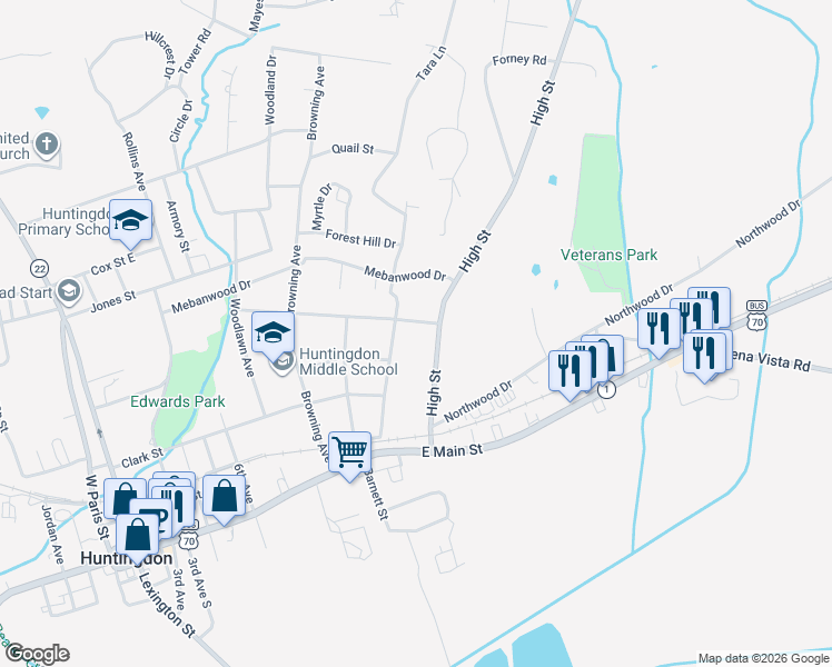 map of restaurants, bars, coffee shops, grocery stores, and more near 218 Spring Street in Huntingdon