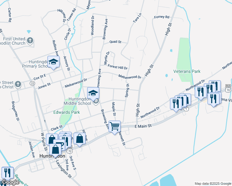map of restaurants, bars, coffee shops, grocery stores, and more near 218 Maple Street in Huntingdon