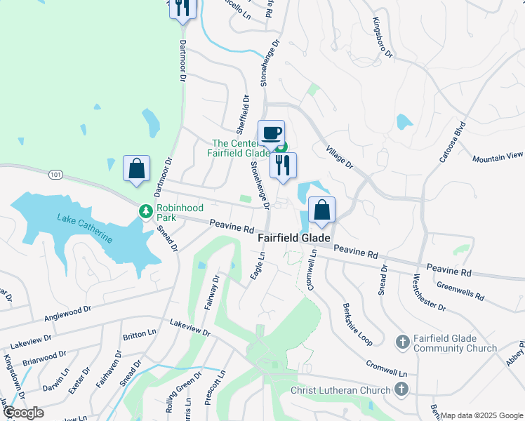 map of restaurants, bars, coffee shops, grocery stores, and more near 21 Wilshire Heights Drive in Crossville