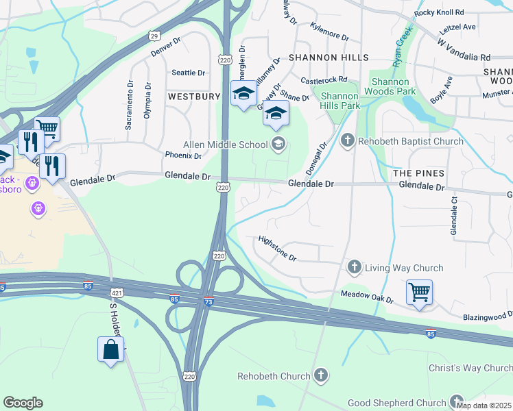 map of restaurants, bars, coffee shops, grocery stores, and more near 1183 Glendale Drive in Greensboro