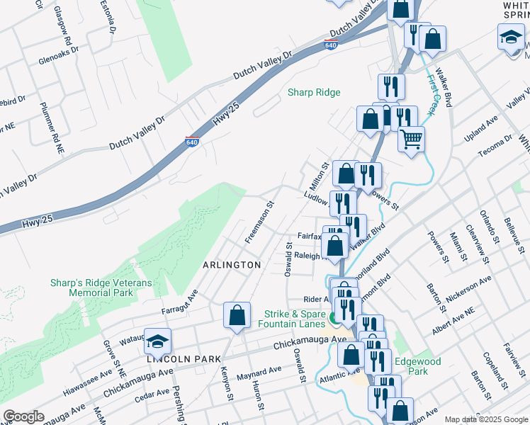 map of restaurants, bars, coffee shops, grocery stores, and more near 1113 Freemason Street Northeast in Knoxville