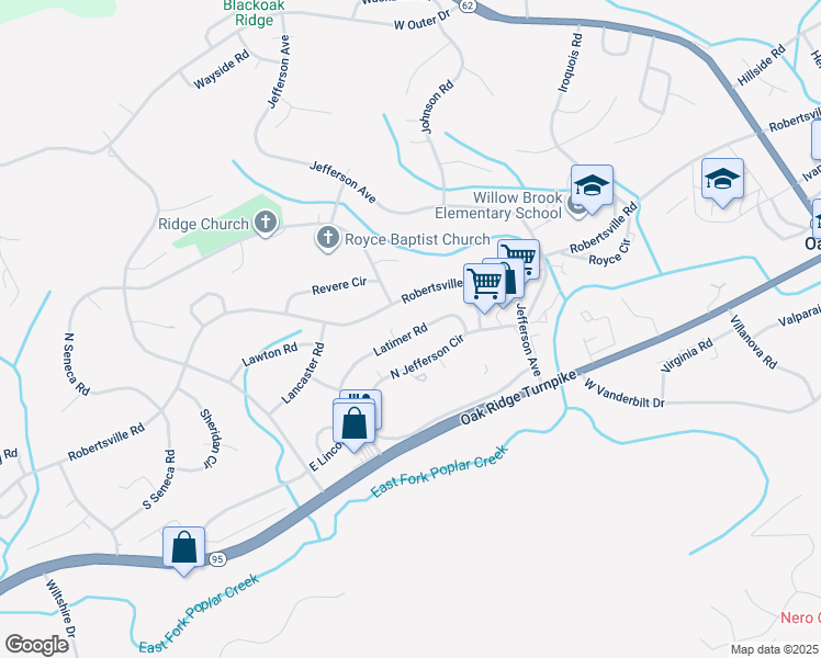 map of restaurants, bars, coffee shops, grocery stores, and more near 140 Latimer Road in Oak Ridge