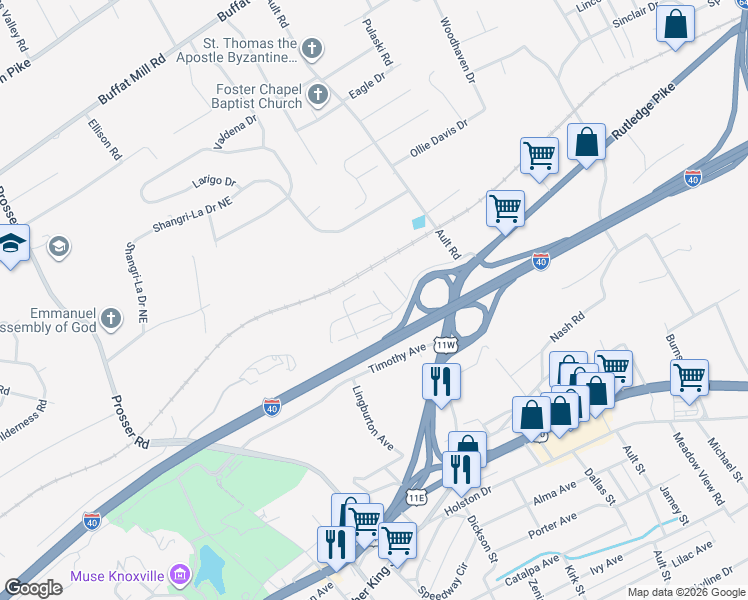 map of restaurants, bars, coffee shops, grocery stores, and more near 3929 Cluster Street in Knoxville