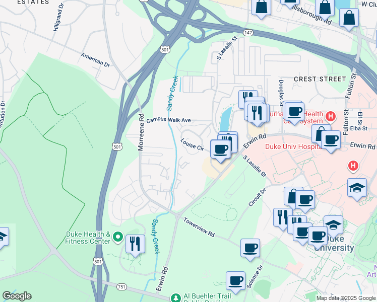 map of restaurants, bars, coffee shops, grocery stores, and more near 832 Louise Circle in Durham