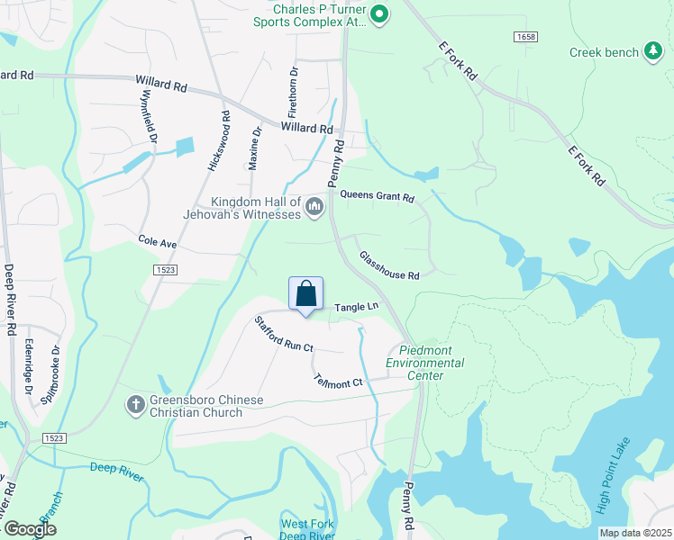 map of restaurants, bars, coffee shops, grocery stores, and more near 1309 Penny Road in High Point
