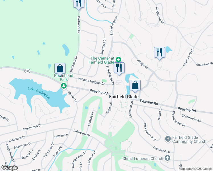 map of restaurants, bars, coffee shops, grocery stores, and more near 95 Wilshire Heights Drive in Crossville
