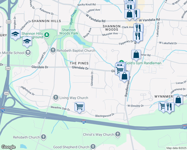 map of restaurants, bars, coffee shops, grocery stores, and more near 2 Glendale Oaks Court in Greensboro