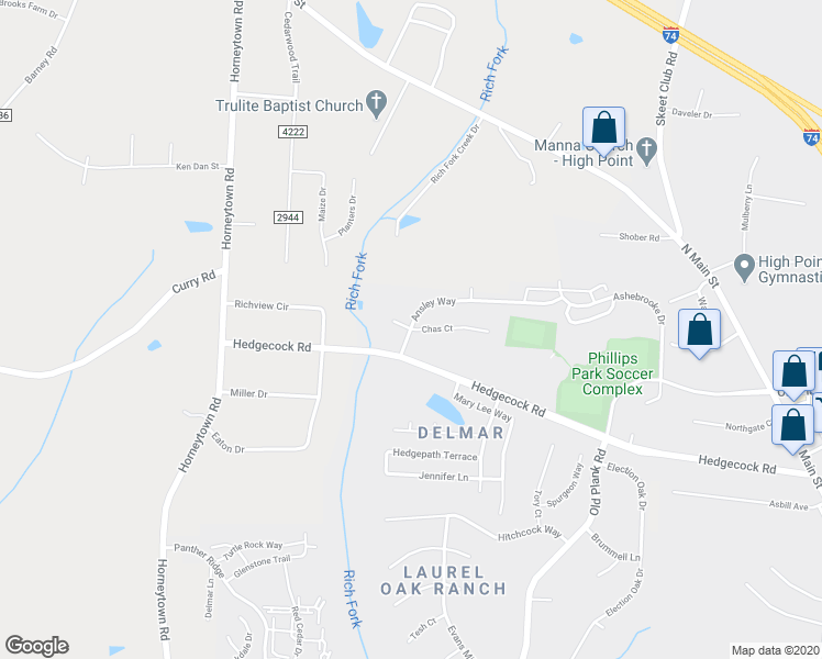 map of restaurants, bars, coffee shops, grocery stores, and more near Chas Court in High Point