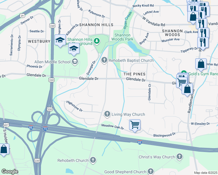 map of restaurants, bars, coffee shops, grocery stores, and more near 4407 Rehobeth Church Road in Greensboro