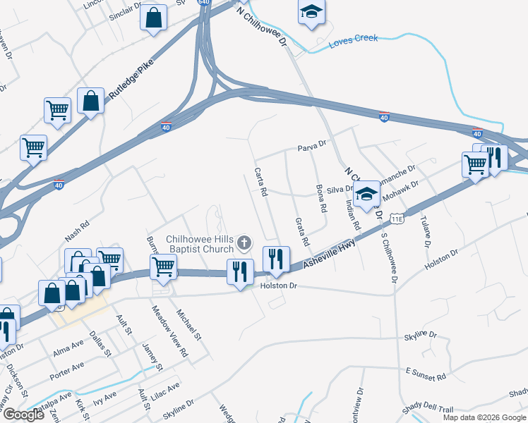 map of restaurants, bars, coffee shops, grocery stores, and more near 217 Carta Road in Knoxville