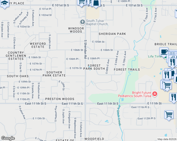 map of restaurants, bars, coffee shops, grocery stores, and more near 6421 East 108th Street in Tulsa