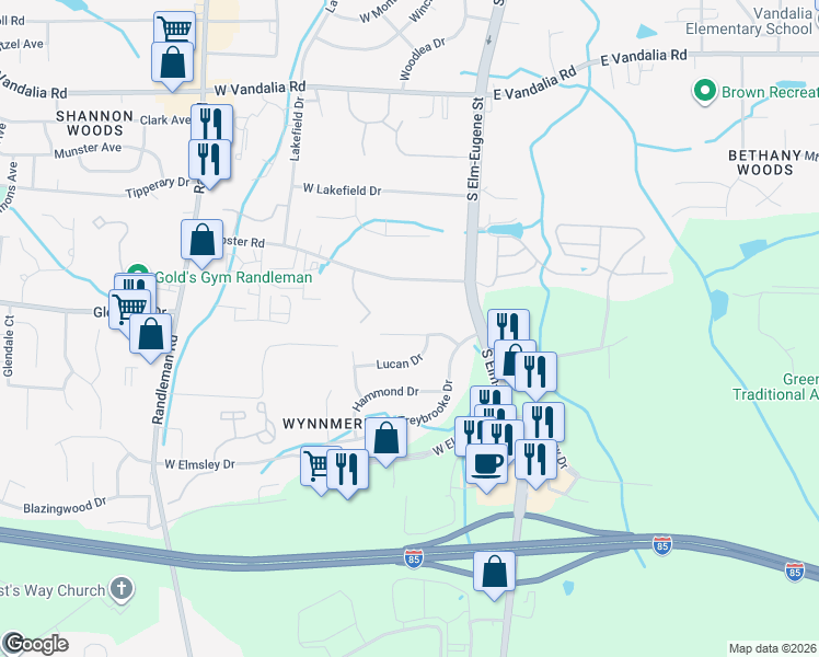 map of restaurants, bars, coffee shops, grocery stores, and more near 211 Lasalle Way in Greensboro