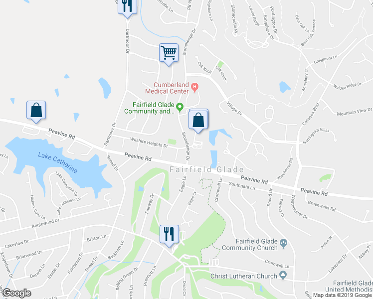 map of restaurants, bars, coffee shops, grocery stores, and more near 20 Wilshire Heights Drive in Crossville
