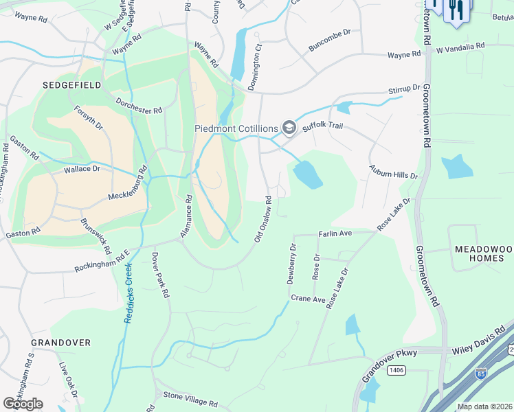 map of restaurants, bars, coffee shops, grocery stores, and more near 3510 Old Onslow Road in Greensboro