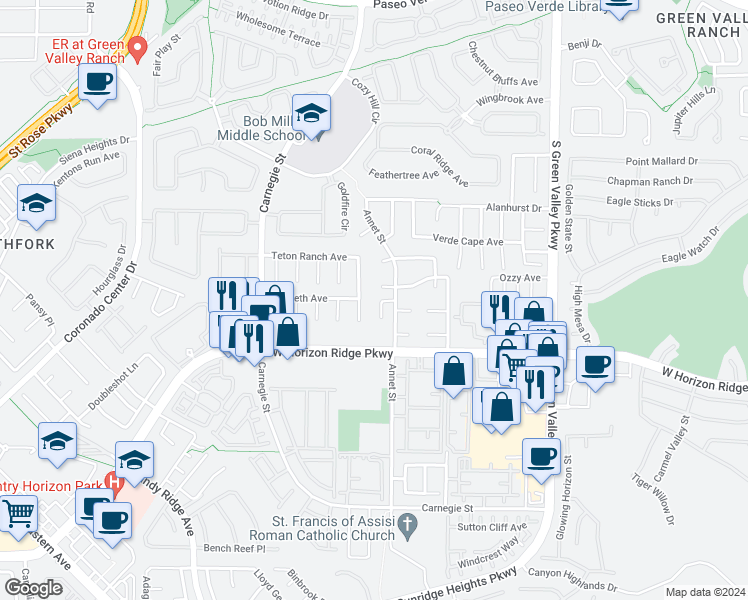 map of restaurants, bars, coffee shops, grocery stores, and more near 517 Via Ernesto in Henderson