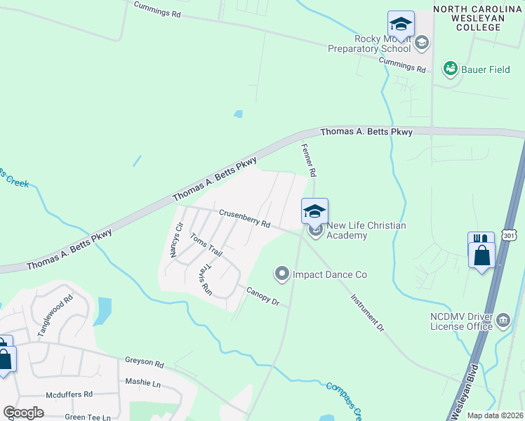 map of restaurants, bars, coffee shops, grocery stores, and more near 1101 Instrument Drive in Rocky Mount