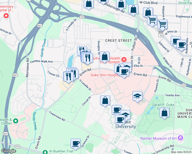 map of restaurants, bars, coffee shops, grocery stores, and more near in Durham