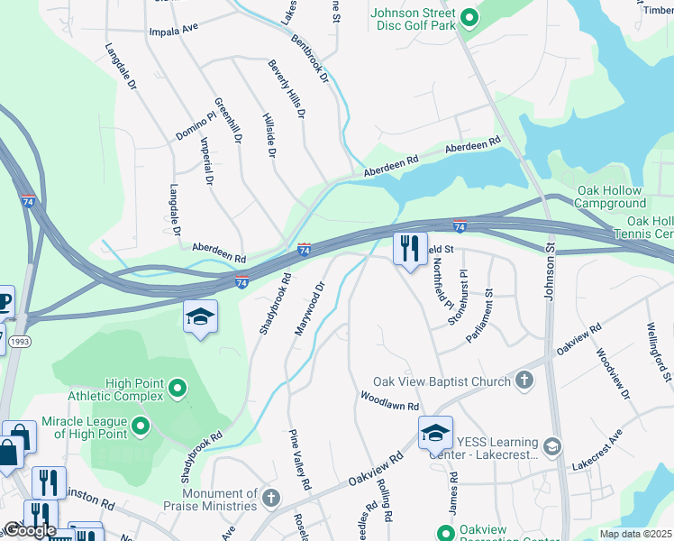 map of restaurants, bars, coffee shops, grocery stores, and more near 124 Marywood Drive in High Point