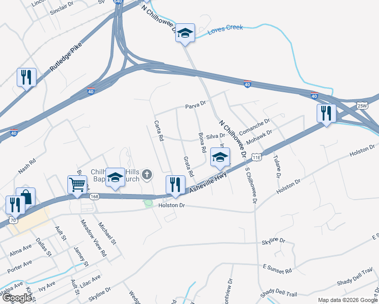 map of restaurants, bars, coffee shops, grocery stores, and more near 205 Bona Road in Knoxville