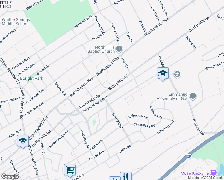 map of restaurants, bars, coffee shops, grocery stores, and more near 3126 Fountain Park Boulevard in Knoxville