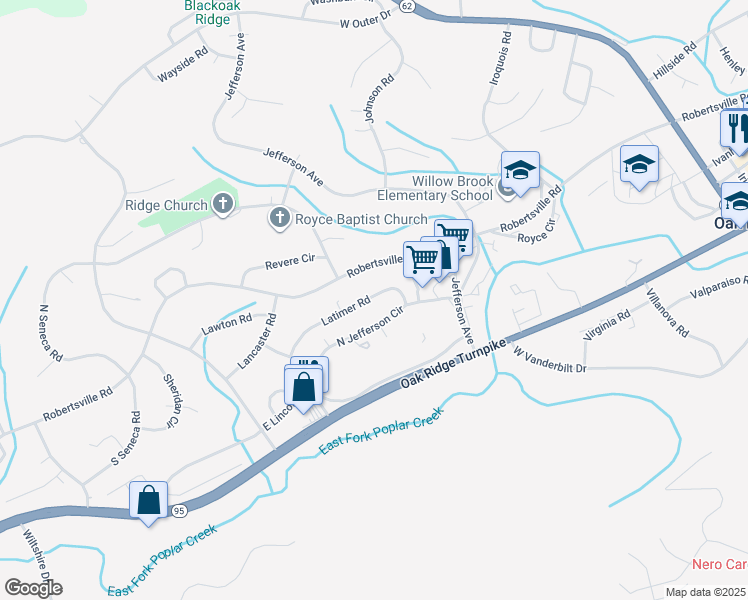 map of restaurants, bars, coffee shops, grocery stores, and more near 140 Latimer Road in Oak Ridge