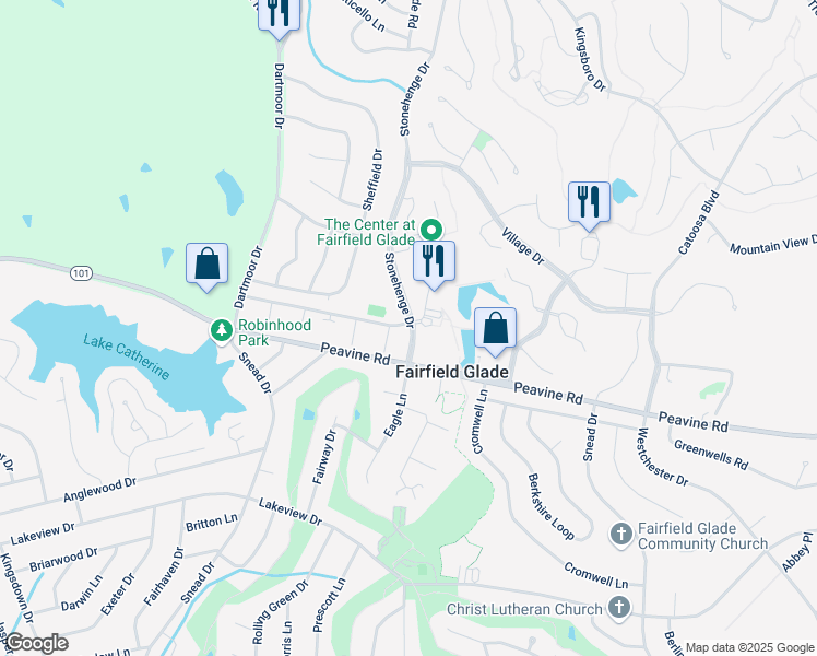 map of restaurants, bars, coffee shops, grocery stores, and more near 21 Wilshire Heights Drive in Crossville