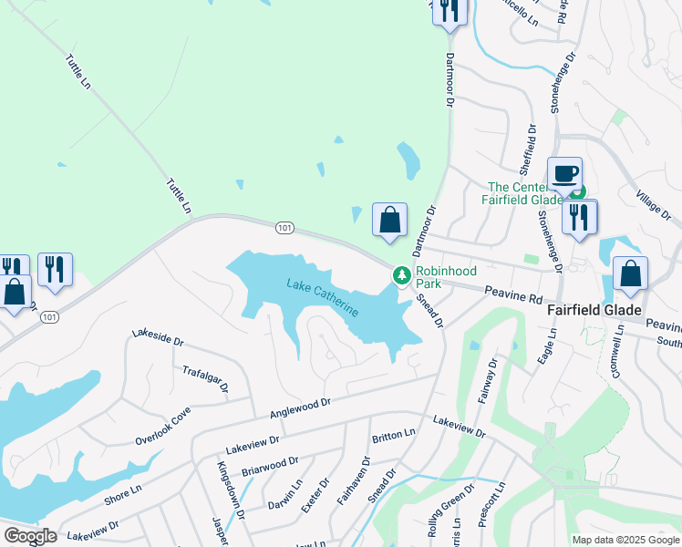 map of restaurants, bars, coffee shops, grocery stores, and more near 72 Lakeshore Lane in Crossville