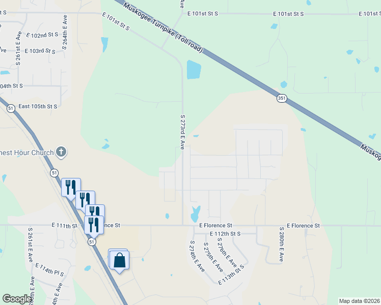map of restaurants, bars, coffee shops, grocery stores, and more near 10685 South 273rd East Avenue in Coweta