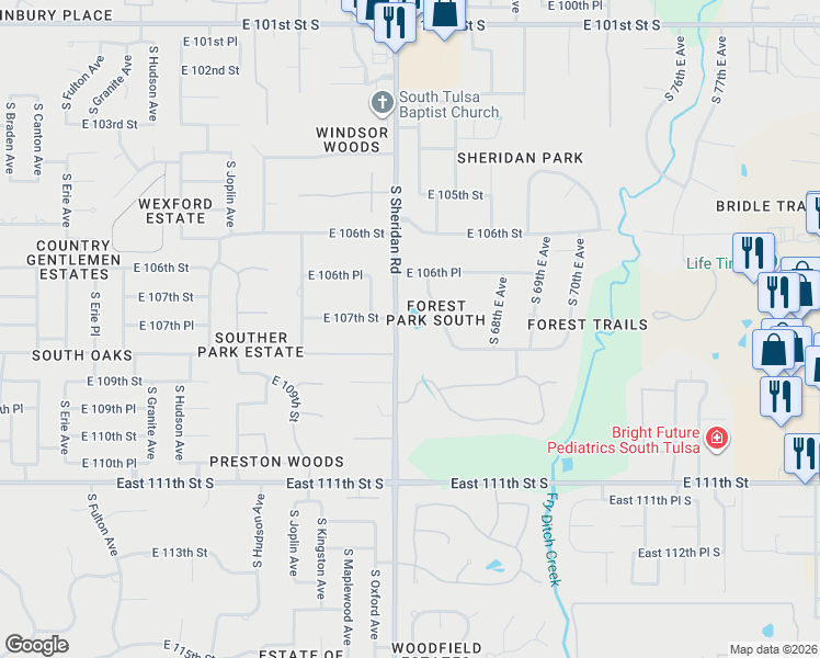 map of restaurants, bars, coffee shops, grocery stores, and more near 6421 East 108th Street in Tulsa