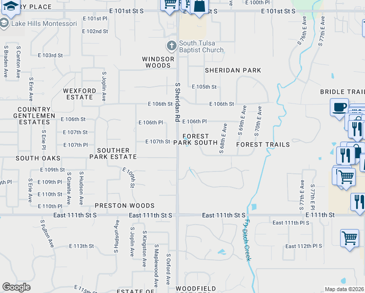 map of restaurants, bars, coffee shops, grocery stores, and more near 6421 East 108th Street in Tulsa