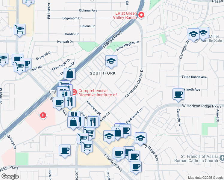 map of restaurants, bars, coffee shops, grocery stores, and more near 686 Pansy Place in Henderson