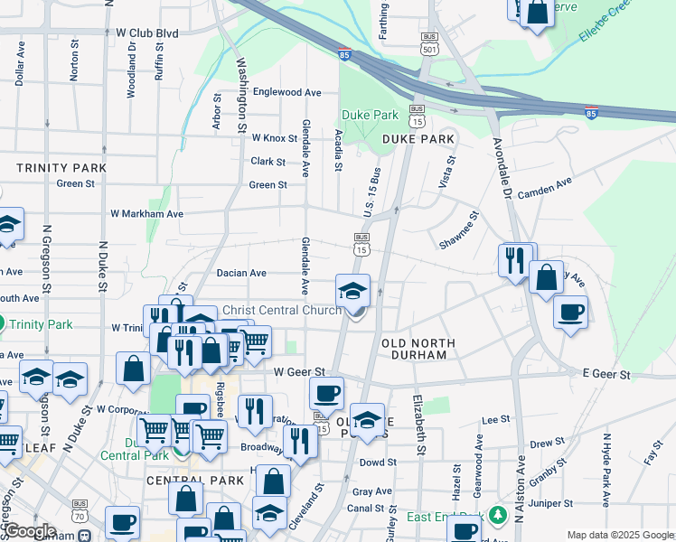 map of restaurants, bars, coffee shops, grocery stores, and more near 108 West Lynch Street in Durham