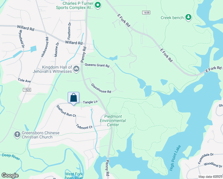 map of restaurants, bars, coffee shops, grocery stores, and more near 2604 Glasshouse Road in Jamestown