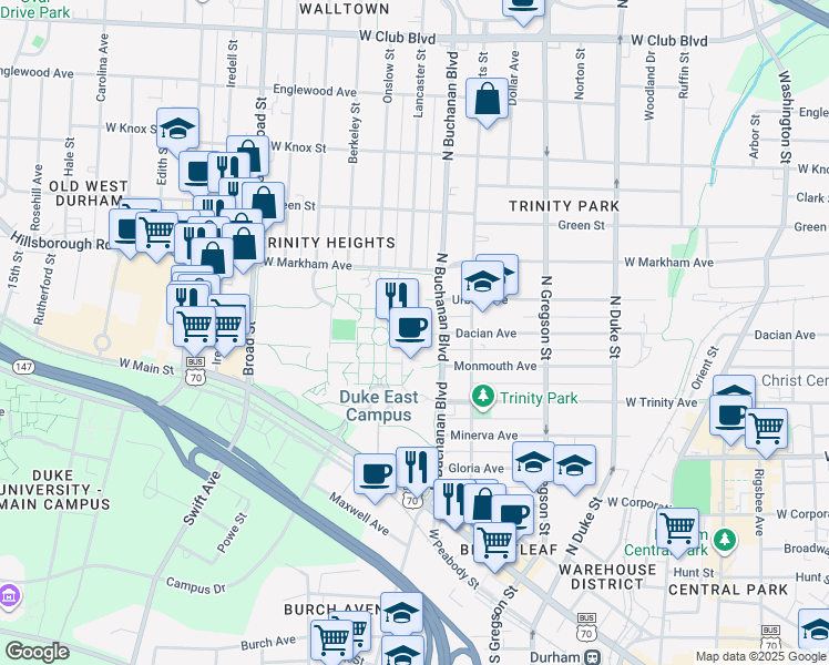 map of restaurants, bars, coffee shops, grocery stores, and more near 124 East Campus Union Drive in Durham