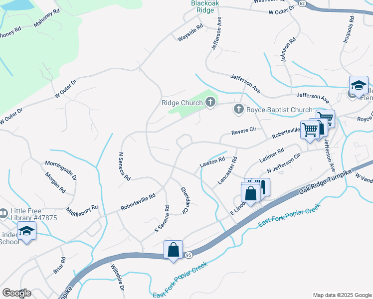 map of restaurants, bars, coffee shops, grocery stores, and more near 493 Robertsville Road in Oak Ridge