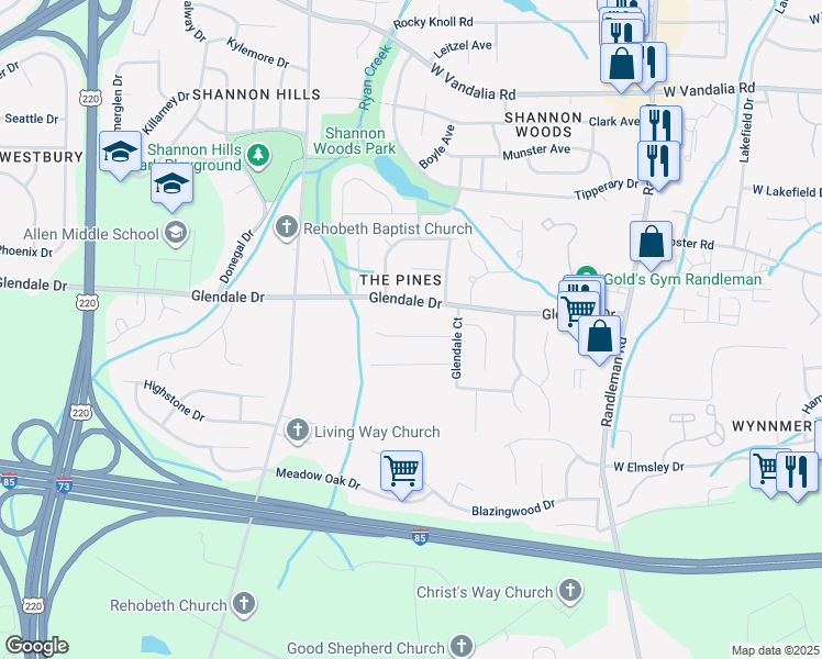 map of restaurants, bars, coffee shops, grocery stores, and more near 812 Banner Oak Court in Greensboro