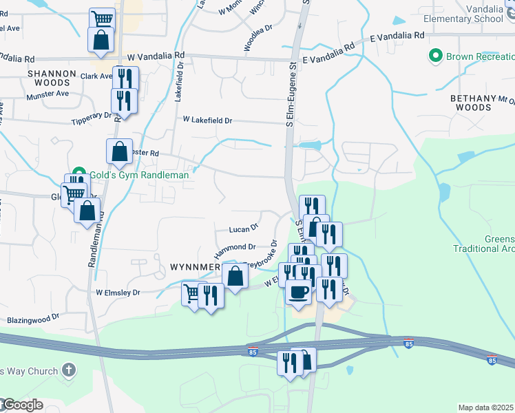 map of restaurants, bars, coffee shops, grocery stores, and more near 107 Lasalle Way in Greensboro