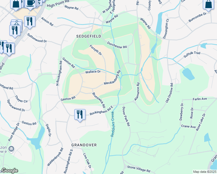 map of restaurants, bars, coffee shops, grocery stores, and more near 5501 Mecklenburg Road in Greensboro
