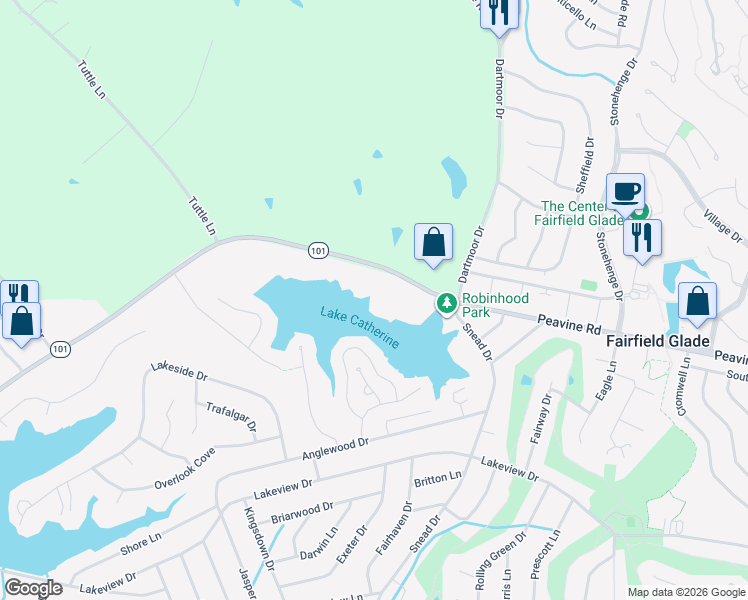 map of restaurants, bars, coffee shops, grocery stores, and more near 72 Lakeshore Lane in Crossville