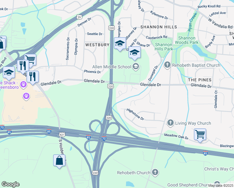map of restaurants, bars, coffee shops, grocery stores, and more near 1147 Glendale Drive in Greensboro