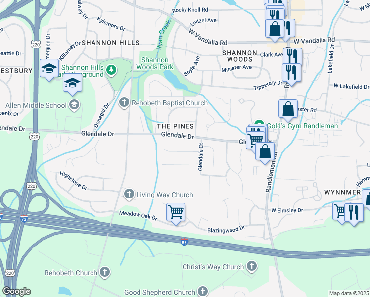map of restaurants, bars, coffee shops, grocery stores, and more near 808 Banner Oak Court in Greensboro