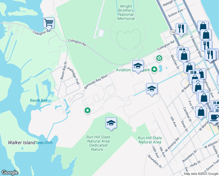 map of restaurants, bars, coffee shops, grocery stores, and more near 1105 Cambridge Road in Kill Devil Hills