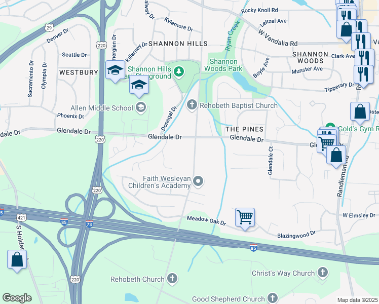 map of restaurants, bars, coffee shops, grocery stores, and more near 4400 Rehobeth Church Road in Greensboro